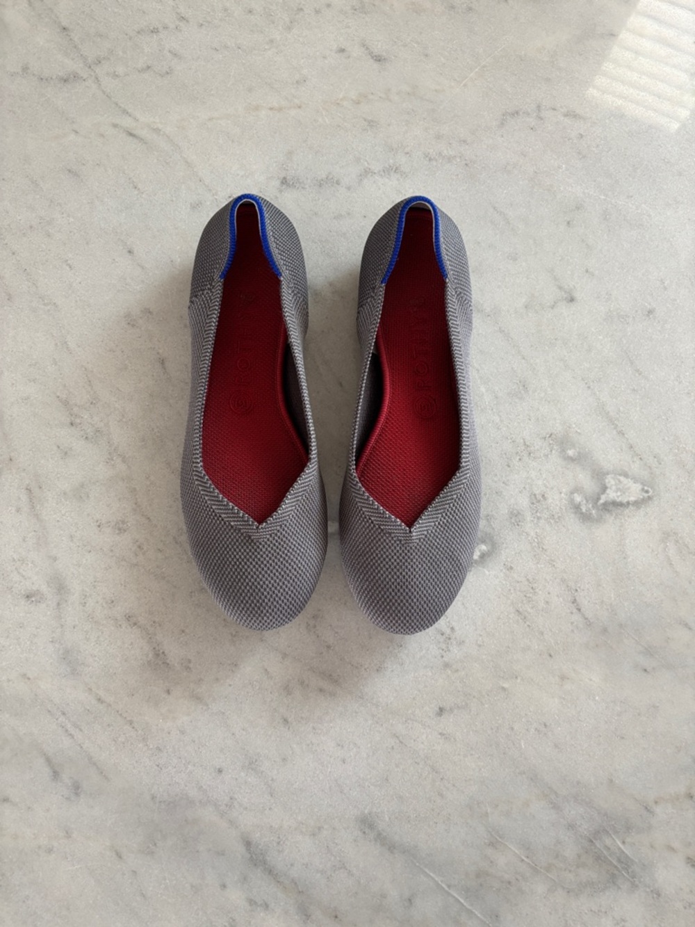 Rothy's Grey Knit Slip-On Flats with Red Insole and Blue Trim